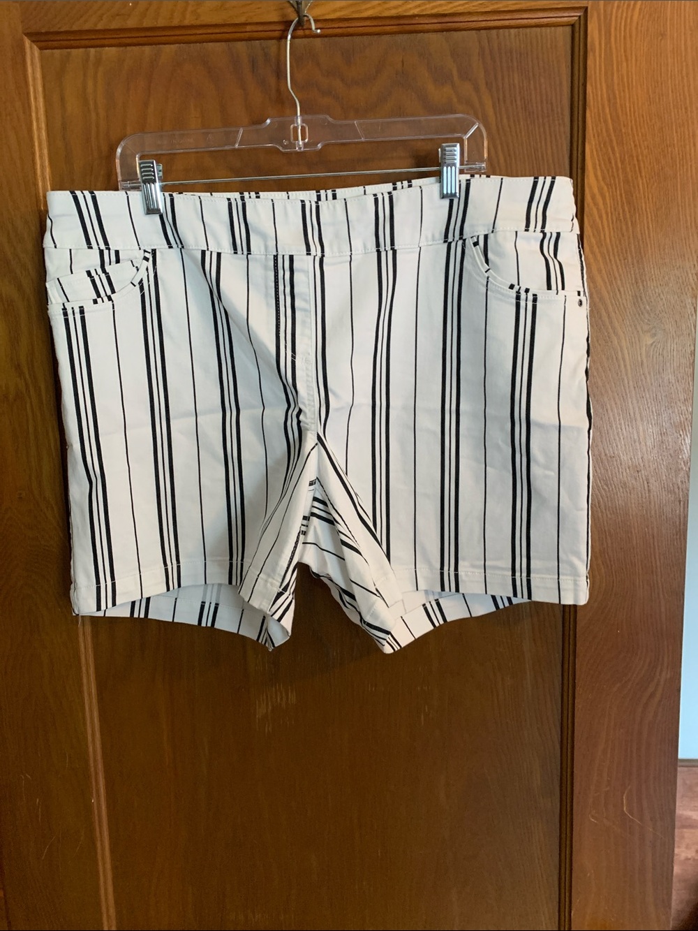 Westbound High Waist White Shorts with Black Vertical Stripes